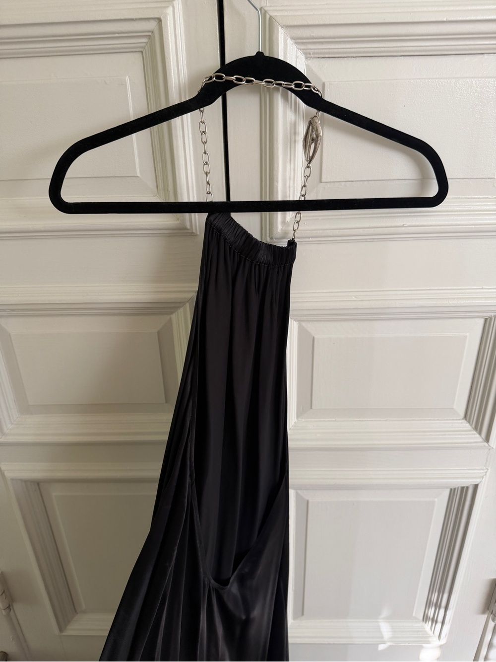 Black Satin Halter Maxi Dress with Chain Strap - Picture 3 of 5